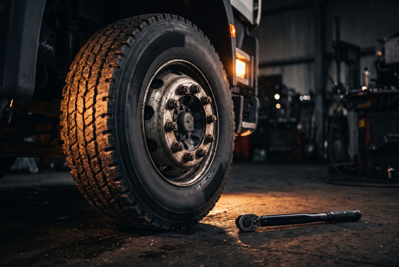 The wheel of a heavy goods vehicle with a torque wrench on the workshop floor
