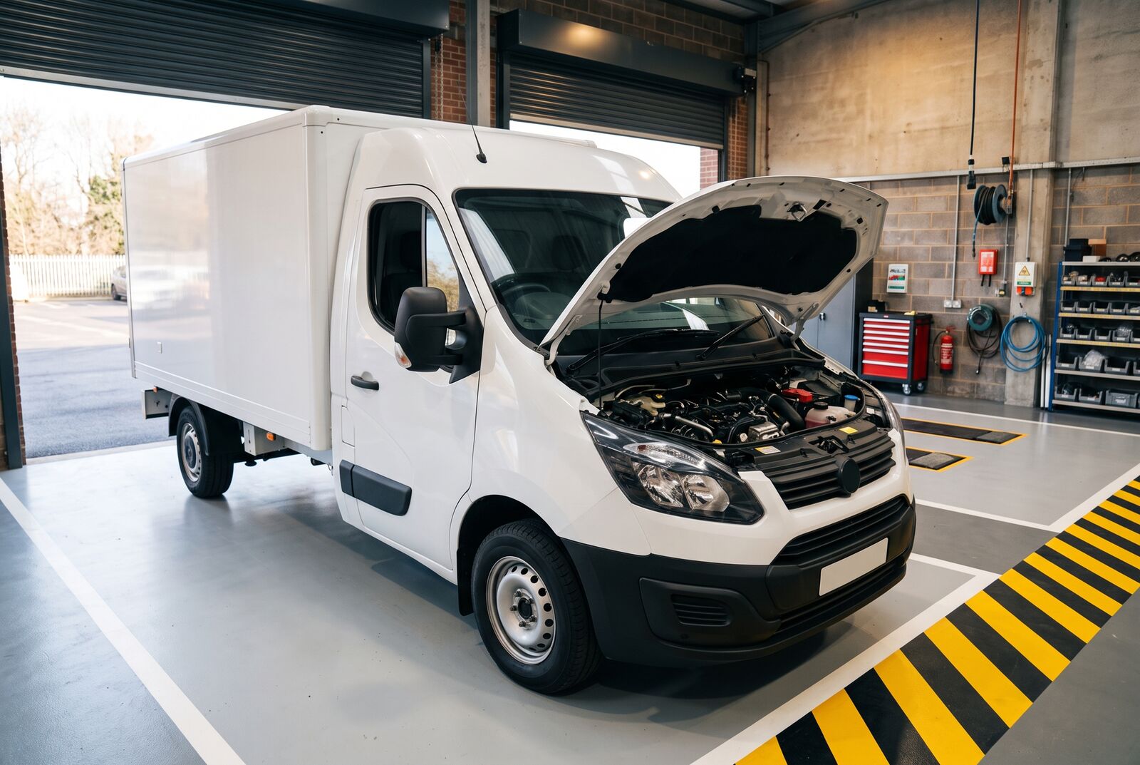 A white commercial van with its bonnet open in a workshop service bay
