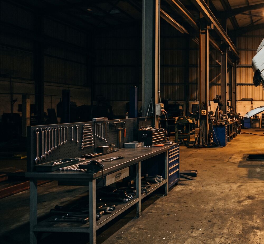 Workbench and tool wall in a commercial vehicle workshop